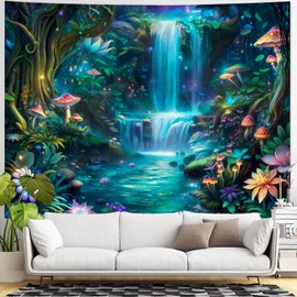 Yeoiat Waterfall Tapestry Forest Mushroom Wall Tapestry for Bedroom Floral Aesthetic Tapestry Wall Hanging for Living Room Bedroom Waterfall 60×80 Inches