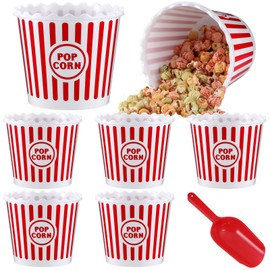 Roshtia 6 Pieces Plastic Popcorn Containers Reusable 75 oz Popcorn Bowl with Popcorn Scoop Retro Style Popcorn Boxes Red Popcorn Plastic Scoop Set for Movie Theater Night (Stripe)
