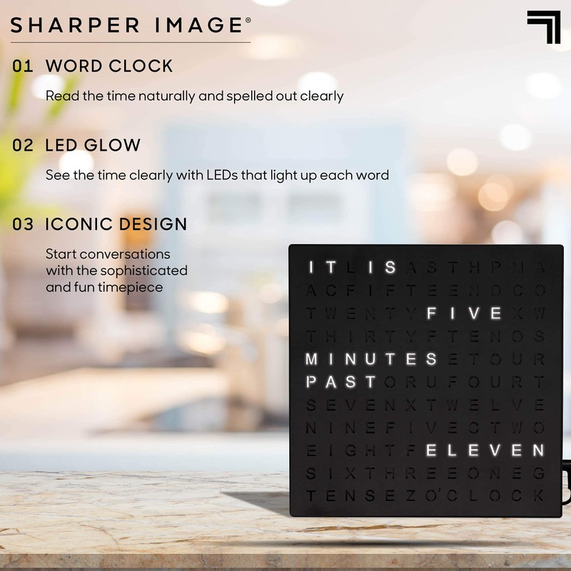 Sharper Image LED Word Digital Clock, 7.75", Black Finish, Light-Up