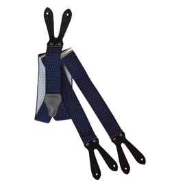 Olata Braces with Buttonhole, Genuine Leather Strap and Pattern - 3.5 cm, Dark blue with white dots