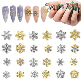 24 Pcs Snowflake Nail Art Charms Glitter Rhinestones 3D Crystals Diamonds Christmas Winter Nail Jewels Metal Alloy Gold Silver Snowflakes Gems Design for Women Nail Art Decoration
