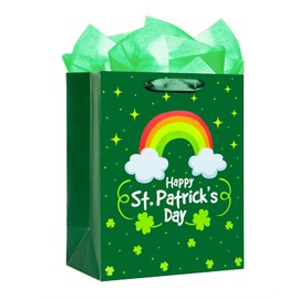 Hohomark St Patrick's Day Gift Bags 13" Large Irish Shamrock Bag with Tissue Paper Green Clover Gift Wrapping Bag Kids Classroom Party Favor Supplies
