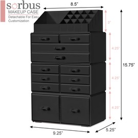 Sorbus Large Makeup Organizer - Stackable Jewelry & Makeup Organizer For Vanity, Bathroom Storage, Dresser - 12 Drawers Cosmetic Beauty Organizers and Storage with Lipstick, Makeup Brush Holder