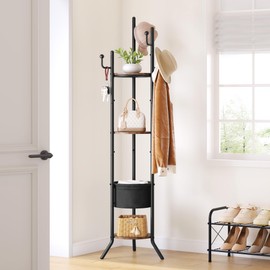 Hoctieon Coat Rack Freestanding, Round Coat Rack with 3 Wooden Shelves and 1 Fabric Basket, Metal Clothes Tree with 5 Hooks, Coat Hanger Stand for Clothes, Hats, Bags, Brown and Black