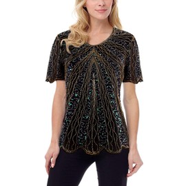 Vijiv Women's 1920s Vintage Beaded Tops Art Deco Scalloped Hem Embellished Sparkly Dressy Sequins Shirt Blouse Tunic Party Black Gold