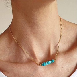 Yienate Boho Turquoise Necklace Choker Blue Gemstone Bar Necklaces Gold Chain Turquoise Pendant Necklace Green Stone Beads Pendant Necklace Choker Jewellery for Women and Girls, Zinc, No Gemstone