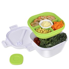 Upgraded Salad Bowl with Lid Leak-proof 57.5oz Stackable Salad Lunch Box with Larger Capacity Salad Mixing Bowl and 3-Compartment Bento-Style Topping Tray, Sauce Box, Reusable Cutlery, BPA FREE(White)