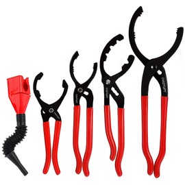 CAROTUPY 5Pcs Adjustable Oil Filter Pliers Set, Universal Oil Filter Removal Tool with Small Oil Funnel, 10" & 12" & 14" & 16" Oil Fliter Wrench From 1-1/4" to 8-1/2"