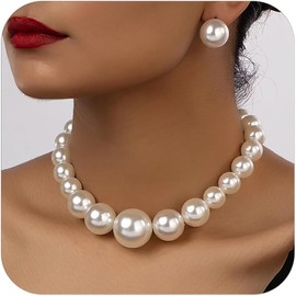 Women's White Pearl Necklace, Imitation Pearl Necklace, Women's Vintage Necklace, Jewellery Pearl Chain, Short Round Pearl Choker Chain, Large, White Pearl Necklaces, Adjustable for Women and Girls,