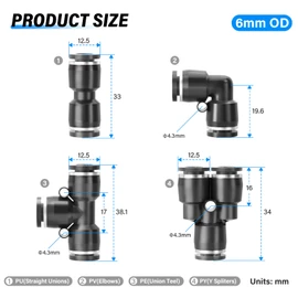 TAILONZ PNEUMATIC Black 6mm od Push to Connect Fittings Pneumatic Fittings Kit 10 Spliters+10 Elbows+10 tee+10 Straight (40 pcs)