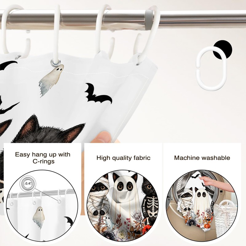 Lindameler Funny Halloween Shower Curtain Spooky Ghost Black Cat Shower