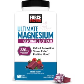 Force Factor Ultimate Magnesium Supplement, 330mg Magnesium Glycinate & Magnesium Citrate, Like Magnesium Gummies, Support Calm, Relaxation, Vegan & Gluten Free, Mixed Berry Flavor, 60 Soft Chews