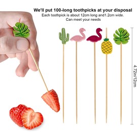 100 Counts Bamboo Cocktail Sticks, Fruit Cocktail Picks, Finger Food Picks, Appetizer Sticks, Party Food Toothpicks with Flamingo Cactus, Decorative Cocktail Sticks for Drinks Fruit Appetizers
