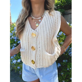 KEOMUD Women Sleeveless Crop Knit Cardigan Vest Casual Cropped Button Down Open Front Sweater Vest with Pockets Beige Medium