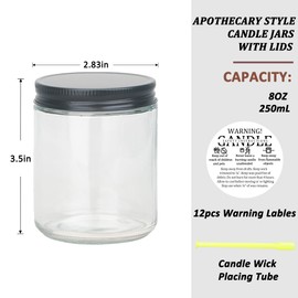 MILIVIXAY 12 Pack 8 OZ Thick Glass Clear Candle Jars with All Black Metal Lids-Bulk Empty Candle Jars for Making Candles-Canning Jar for Spice, Liquid, Sample- Dishwasher Safe.