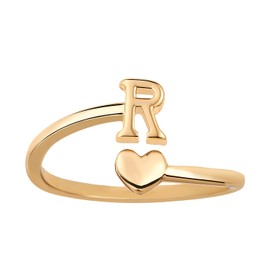 Heart Initial Stackable Rings, Adjustable Pinky Rings Cute Capital Letter Rings Heart Rings Non Tarnish Gold Rings Alphabet Gold Pinky Rings Jewerly Gift for Women (R)