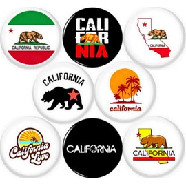California Republic Set of 8 New 1" inch pins Buttons Badges Love State of Bear Palm Trees