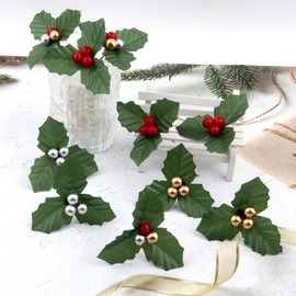 Mini Fur Hat Decorative Christmas Pick with Red Berries, Triangular Leaves, and Holly Branches One Size/Red Berry Round Leaf Cut 100ea