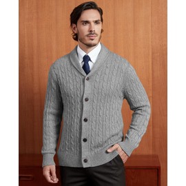 Kallspin Men's Shawl Collar Sweater Cardigan Wool Blend Button Down Cable-Knit Cardigan Knitwear (Light Grey M)