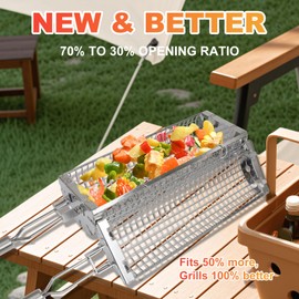 BBQ Grill Basket Barbecue Accessories, Stainless Steel Portable Flip-Top Grilling Basket for Vegetable Fish Shrimp Meat with Removable Handle, BBQ Gifts for Men Dad Father (Come with Basting Brush)