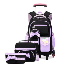 Mildame 3Pcs Girls Rolling Backpack Cute Bowknot Backpack with Wheels for Girls Wheeled School Bags Trolley BookBag for Elementary