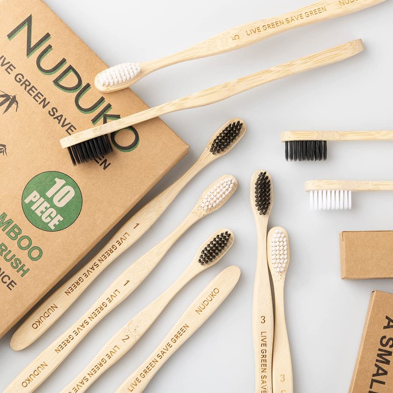 NUDUKO Toothbrush 10 Pack Bamboo Toothbrushes - Eco-Friendly Natural Wooden