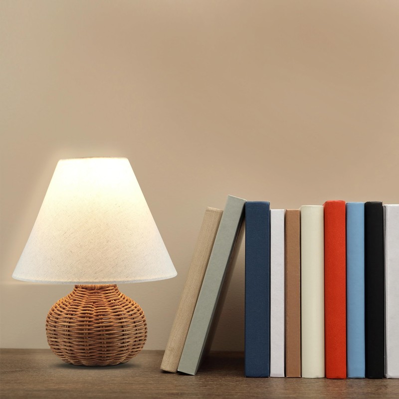 11" Small Wicker Table Lamp, Dimmable Rattan Bamboo Lamp with