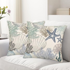 Xihomeli Summer Beach Throw Pillow Covers Set of 2 Ocean Themed Coral Starfish Seashell Conch Decorative Pillow Cases Summer Outdoor Nautical Coastal Cushion Cover for Couch Bed Sofa, 18x18 Inch