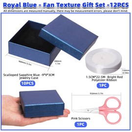 Glarks Cardboard Jewellery Gift Boxes Set, Pink Fan-shaped Pattern, Necklace, Earring, Bracelet Boxes with Polyester Ribbon and Scissors for Birthday, Wedding, Pack of 12, 3.5 x 3.5 x 1 Inch (Blue)