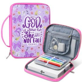 Pink Dino Bible Covers for Women Girls, Large Bible Case with Multiple Zippered Pocket Bible Carrying Bag with Removable Pen Slots for Bible Study Supplies
