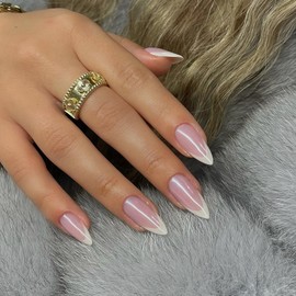 Glazed Donut White French Tip Press on Nails Almond, Pink French Chrome Nails Press ons for Women, Aurora Glue on Nails Medium Length, Reflective Mirror Acrylic Nails Light Weight Fit Perfectly