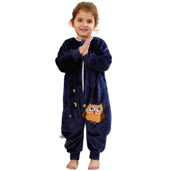 COOKY.D Unisex Baby Girls Boys Flannel Long Sleeve Sleeping Bag with Feet Toddler Triple Zipper Cartoon Wearable Blanket,Blue Owl 18-24 Months