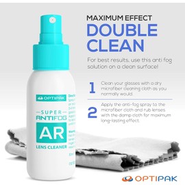 Anti Fog Lens Cleaner Spray Kit | (2x) 2oz Anti Fog Glasses Cleaner Bottle + (2x) Microfiber Cloth for Eyeglasses, Goggles, Sunglasses, Mirror - Eyeglass Defogger Spray Cleaning Kit (4 Piece Set)
