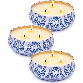 Citronella Candles Outdoor, Large 3-Wick 13.5oz Soy Wax Candle in Blue and White Container for Summer Patio Porch, 3 Packs