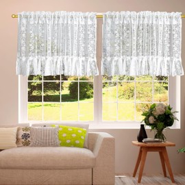 Dsnyu Net Curtains White Lace Net Curtains Flowers Bistro Curtain Crochet Look Short Curtains Polyester Country House Style for Cafe Cupboard Window Pack of 2 H 45 x W 90 cm
