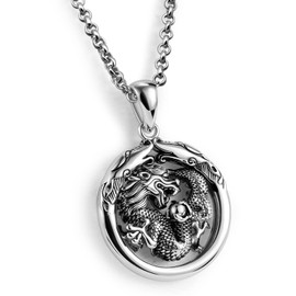H&Beautimer Genuine 925 Sterling Silver Necklace - Men's Vintage Dragon Pendant Rolo Chain 18-20-22-24-26-28-30 Inch - Original Silver Jewelry (24 Inches, One Dragon)