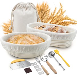 Sourdough Proofing Basket Set, Sopito 9 Inch & 10 Inch Cane Banneton Proofing Baskets with Cloth Liner, Basting Brush, Dough Whisk, Bread Lame with Blades & Sheath, Flour Duster, Storage Bag
