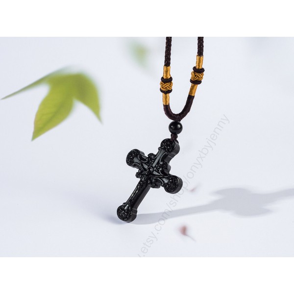 Jesus on the Cross Black Obsidian Pendant Necklace • Meditation Prayer Spiritual Necklace for Men and Women • Christian Necklace Gift