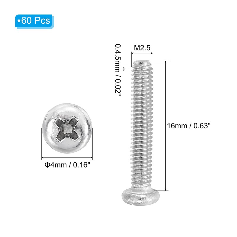 PATIKIL Phillips Pan Head Screws, 60 Pack M2.5-0.45 x 16mm