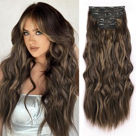 JIAMEISI Clip in Hair Extensions 4PCS Full Head Long Wavy Hair Extensions Synthetic Fiber 22 Inch 200g Clip in Thick Hairpieces for Women/Girls (#4/27 Medium Brown Mixed Dark Blonde)