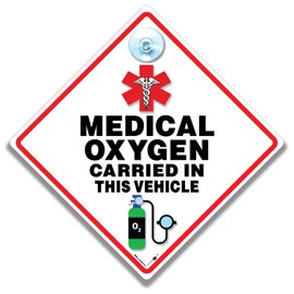 Medical Oxygen Vehicle Warning Sign, 14 cm x 14 cm, Suction Cup Mount, Diamond-Shaped Safety Display