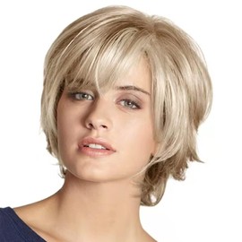 Aisaide Short Blonde Wig Pxie Cut Curly Layered Wig with Bangs for White Women,Ombre Blonde Mixed Highlight Brown Layered Hair Wig Fluffy Natural Synthetic Haircut Wig for Daily Use