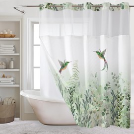 EOBTAIN Sage Green Hookless Shower Curtain with Snap in Liner Rustic Eucalyptus Leaf and Hummingbird No Hook Shower Curtains Cottage Plant Fabric Hotel Bathroom Curtains Decor 71x74 Inch