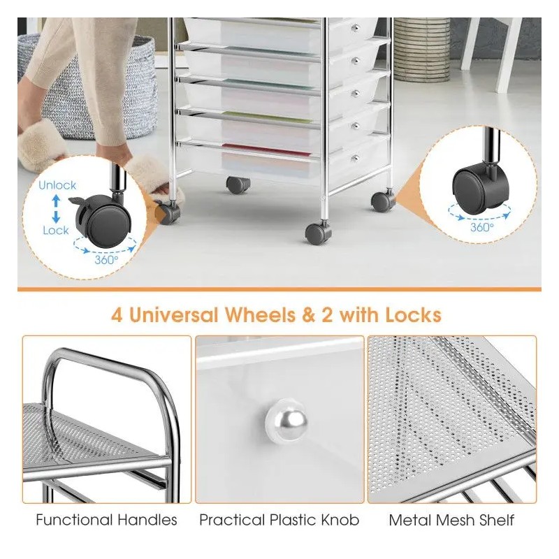 10 Compartment Transparent Multicolor Rolling Storage Cart Organizer with 4