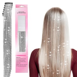 6Pcs Hair Tinsel Extension Clips Kit, Clip in Hair Extensions Fairy Tinsel Heat Resistant Glitter Extensions Colorful Synthetic Hairs for Women Girls Dazzle Hair Decoration Cosplay Party (Silver)