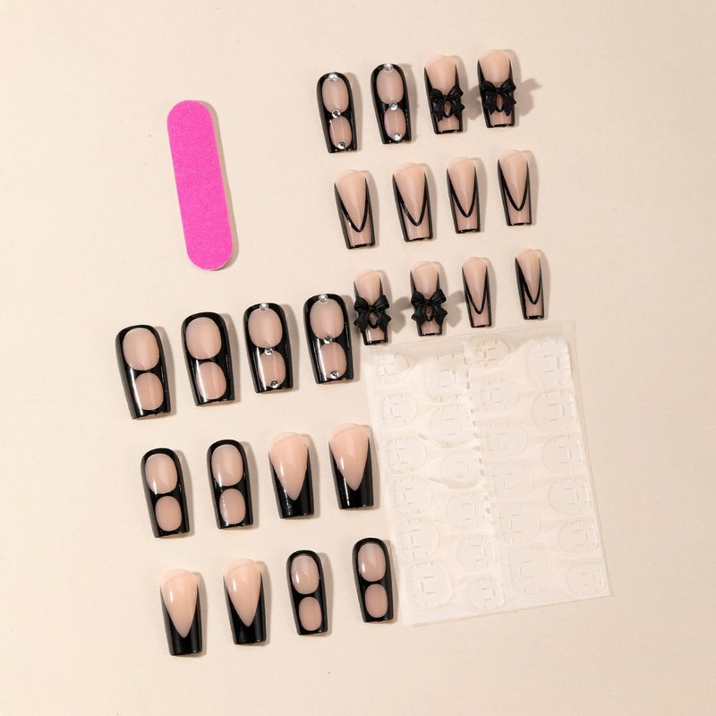 24pcs Long Square Press On Nails – Black Handmade False