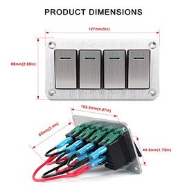 xhtechnology Xhtechnology 4 Gang Aluminum Rocker Switch Panel - 12V/24V Switch Panel 3 Pin ON/Off Pre-Wired Waterproof Toggle Switch Panel for Marine Boat Automotive Car RV