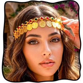 Yokawe Gold Coin Elastic Headbands Jewelry,Belly Dance Headpieces,Forehead Carnival Rave Hair Accessories for Women