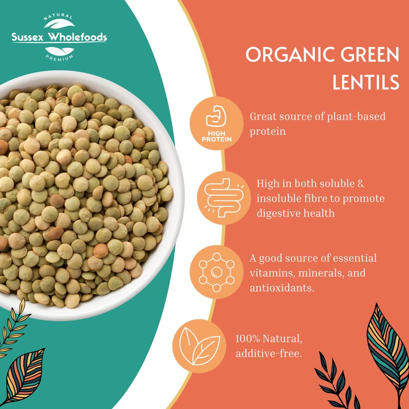 Sussex Wholefoods Organic Green Lentils 500g - Protein-Packed, Nutritious &
