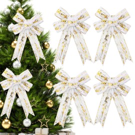 Soulchen 4 Pcs Christmas White and Gold Wreath Bows 9.8 * 13.8 Inch Large White Faux Fur with Gold Metallic Wired Ribbon Bows for Christmas Tree Home Outdoor Indoor Decor Gift Wrapping Holiday Decor